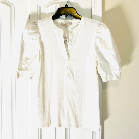 Loft Blouse with Short Puffed Sleeves, Mixed Media (M) New with Tag - Picture 6 of 13